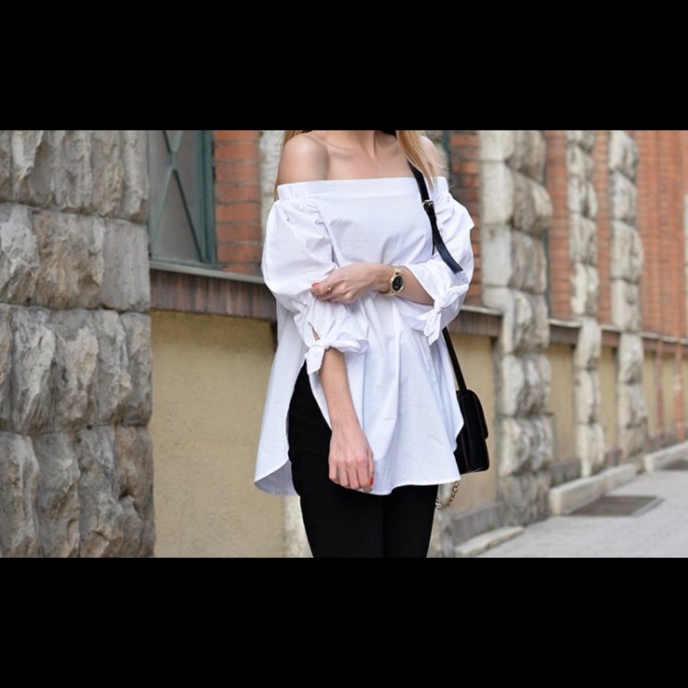 Bow Tie Dolphin Hem Bardot Blouse White